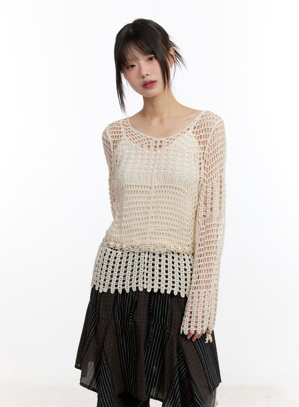 Mesh Knit Sweater with Belt and Tank Top CA508