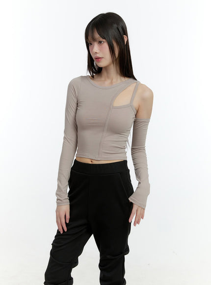 one-shoulder-cutout-crop-top-cf507 / Light beige
