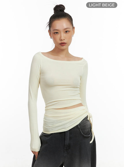 unbalanced-shirring-long-sleeve-top-co424 / Light beige