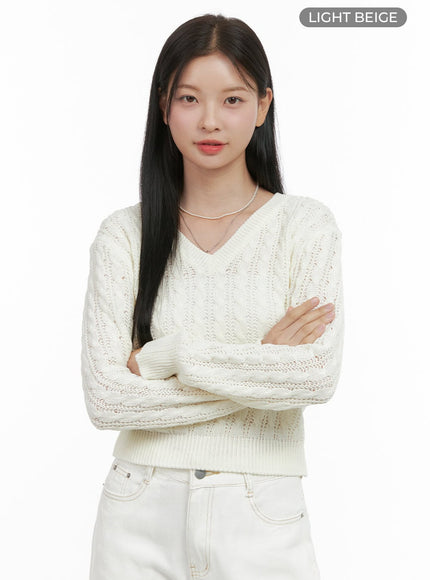 oversized-v-neck-knit-crop-sweater-os411 / Light beige