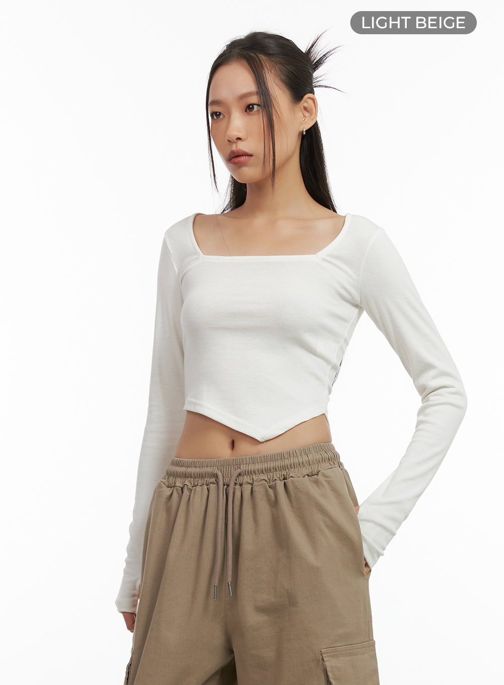 square-neck-unbalanced-crop-top-co424 / Light beige