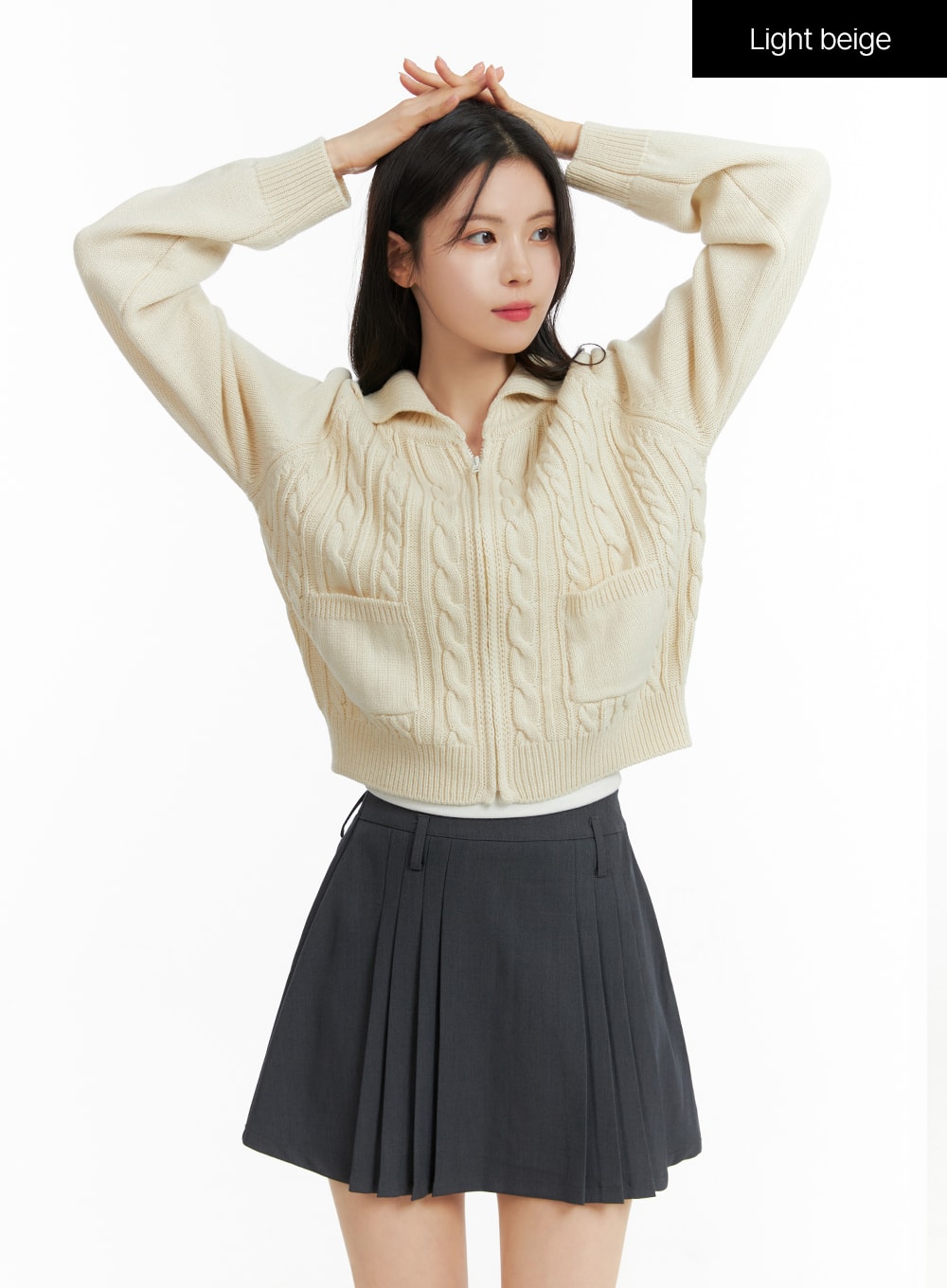 cable-knit-zip-up-sweater-of414 / Light beige