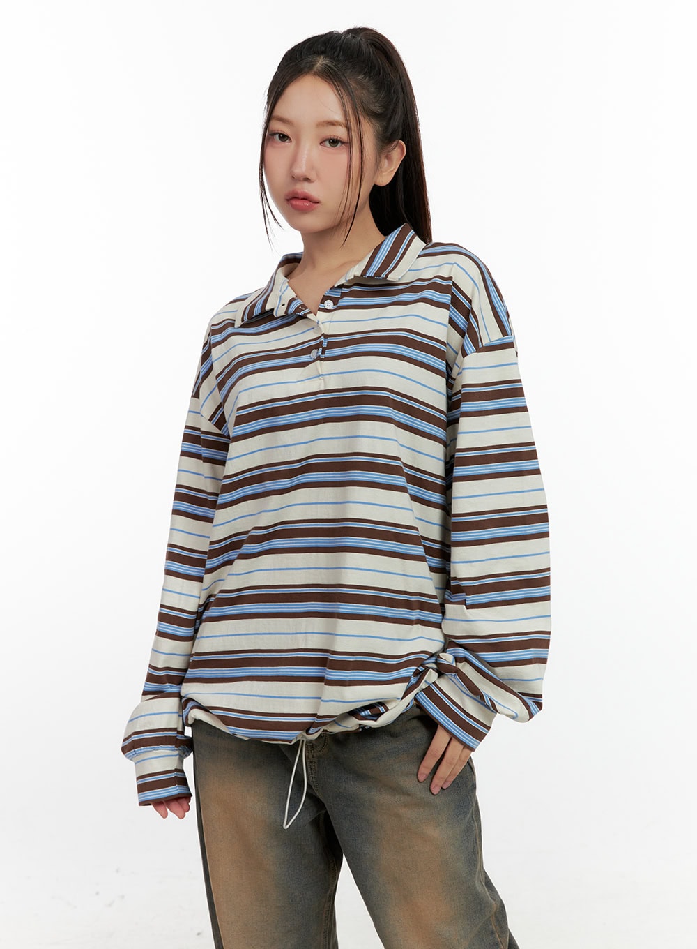 stripe-buttoned-collar-tshirt-cn412 / Light beige