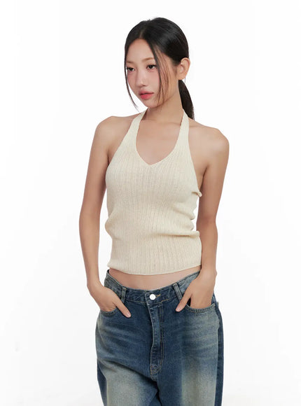 ribbed-halter-knit-crop-top-cl521 / Light beige