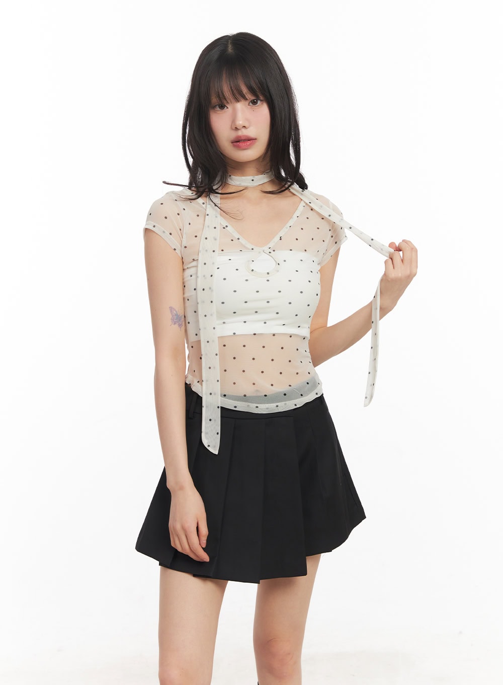 sheer-polkadot-crop-top-with-scarf-ca522 / Light beige