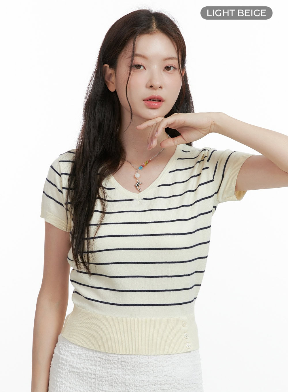 v-neck-knit-sweater-short-sleeve-ol416 / Light beige