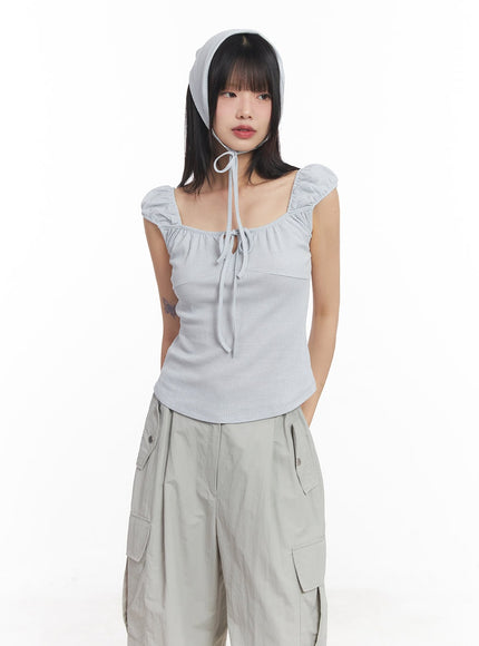 puff-sleeve-cropped-blouse-bandana-set-cy514 / Light blue