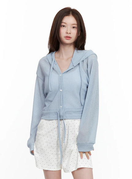 mesh-button-up-hoodie-cardigan / Light blue