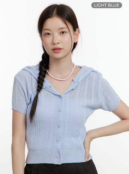 summer-knit-hooded-short-sleeve-cardigan-ol423 / Light blue