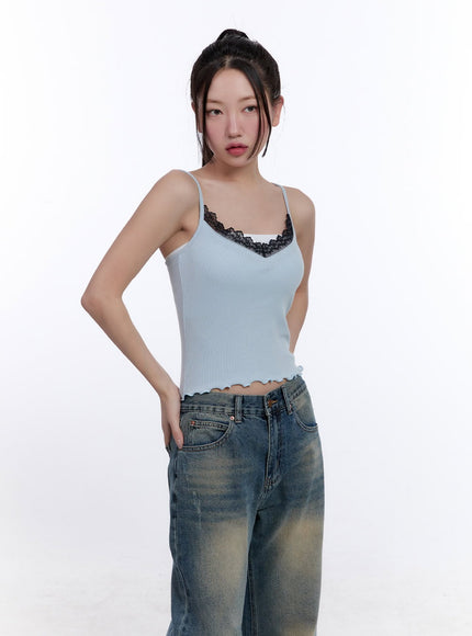 lace-trim-crop-tank-top-cj509 / Light blue