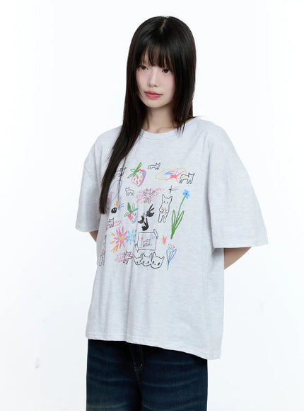 kitty-doodle-graphic-tee-cg511 / Light gray