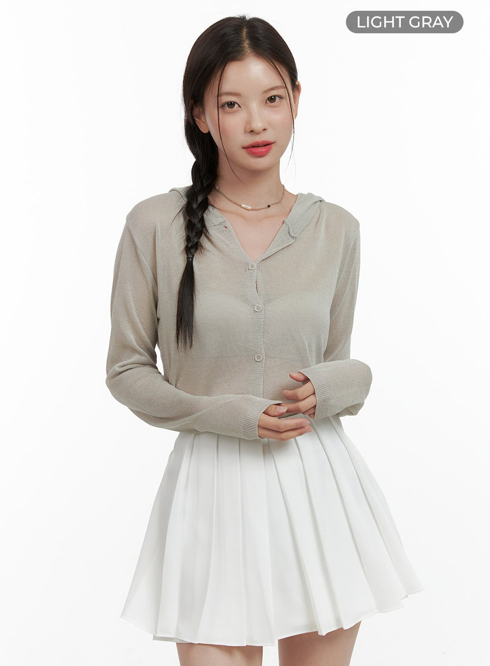 sheer-button-hooded-cardigan-ol411 / Light gray
