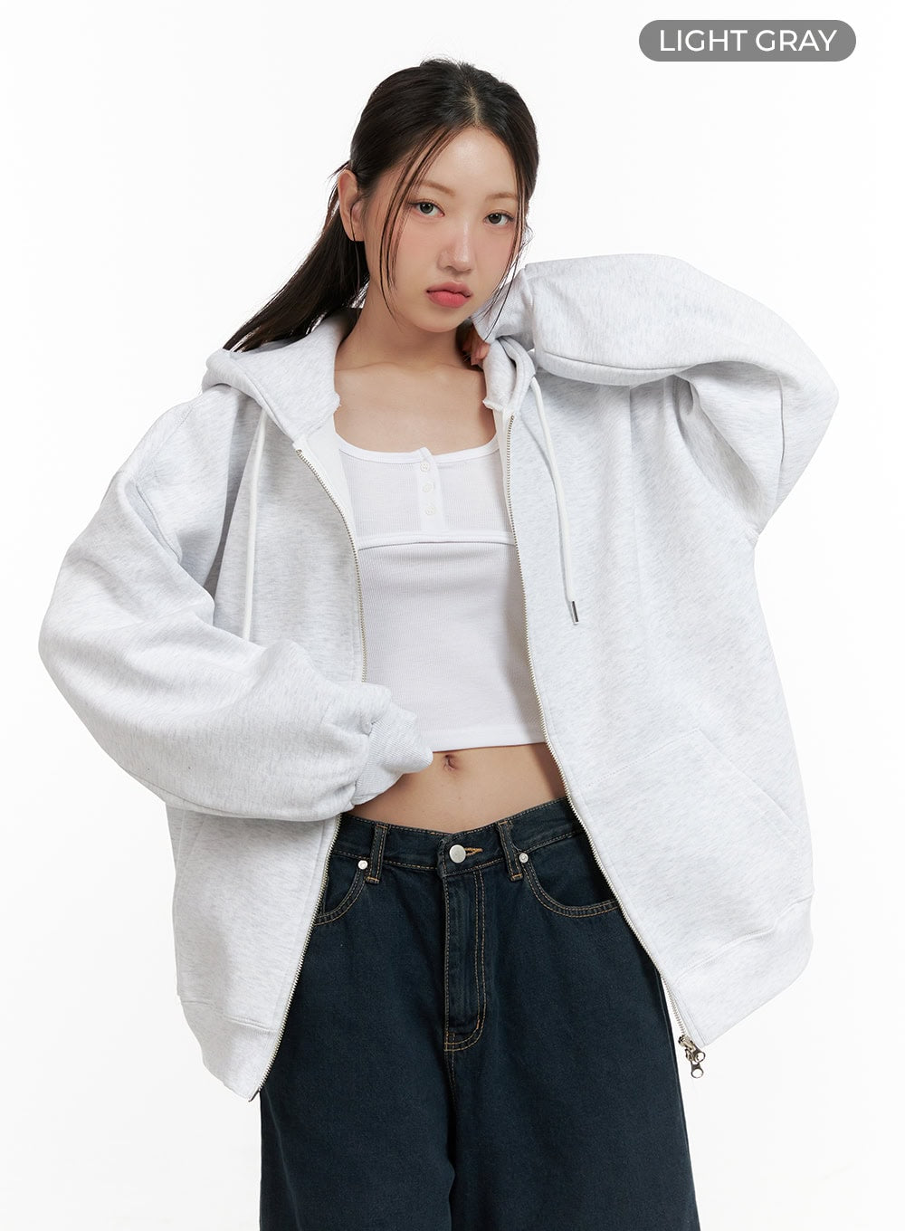 oversized-two-way-zip-up-sweat-hoodie-cl431 / Light gray