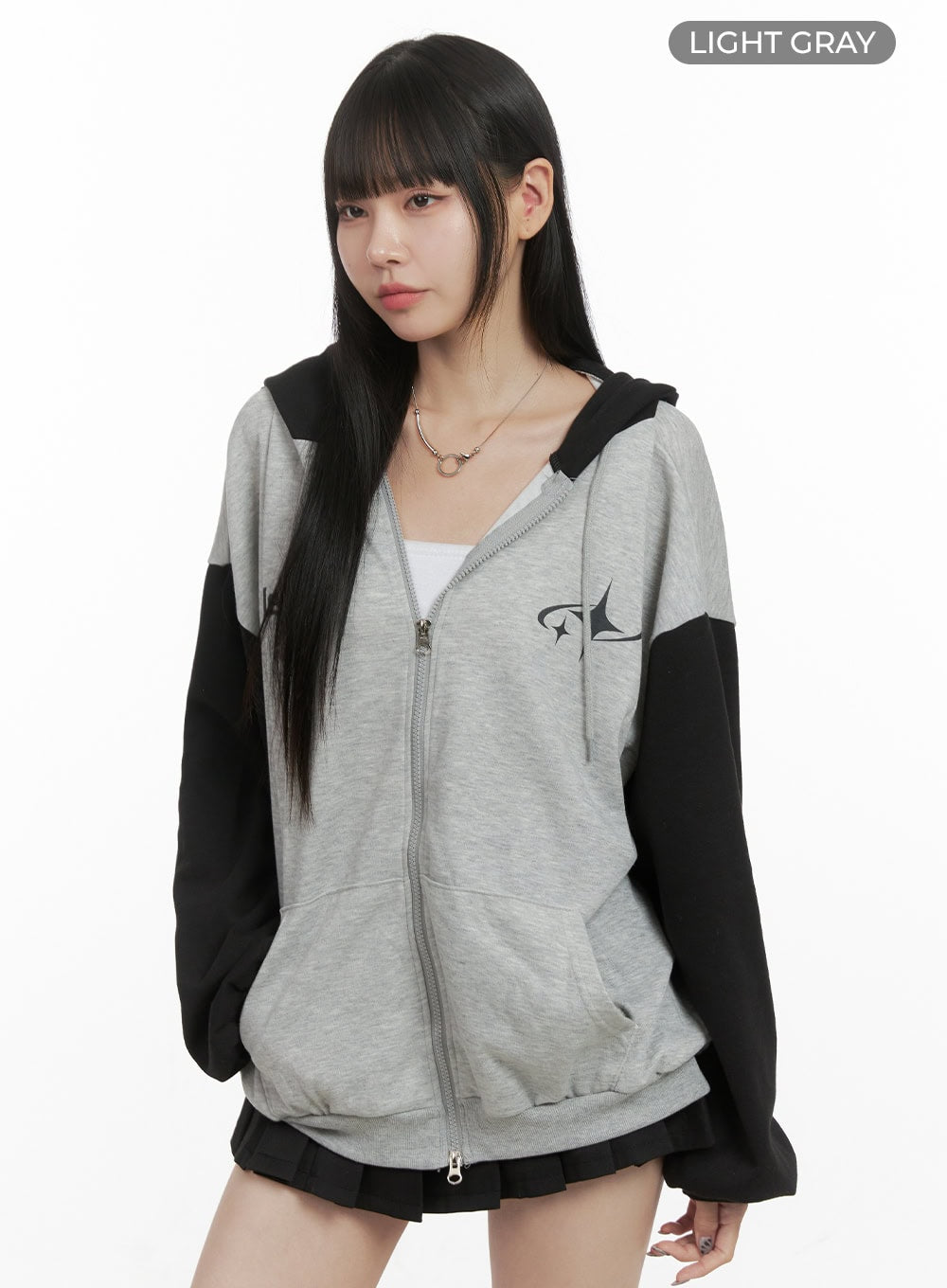 mixed-color-oversized-zip-up-hoodie-oo401 / Light gray