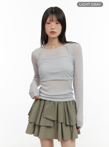 sheer-layered-long-sleeve-top-cg427 / Light gray
