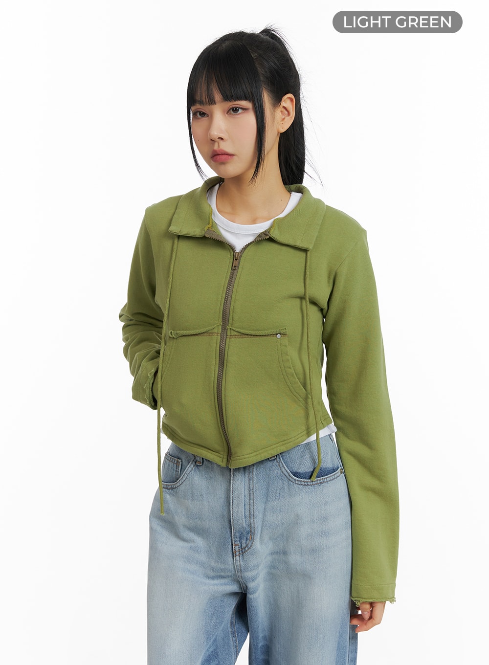 collar-solid-drawstring-pocket-jacket-cm407 / Light green