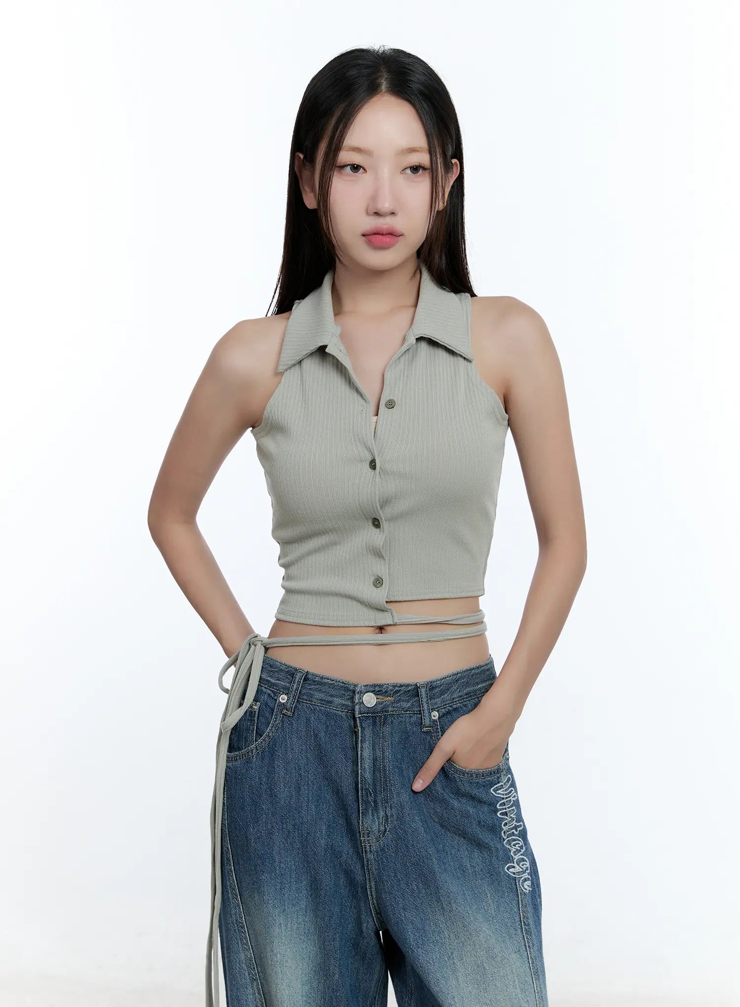 asymmetric-buttoned-collared-tank-top-cu527 / Light green