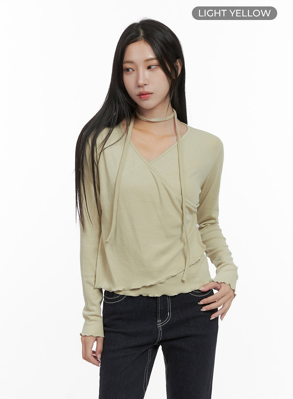 elegant-buttoned-wrap-long-sleeve-top-cs430 / Light yellow