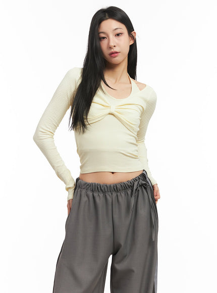Twist Ribbon Long-Sleeve Crop Top CM503
