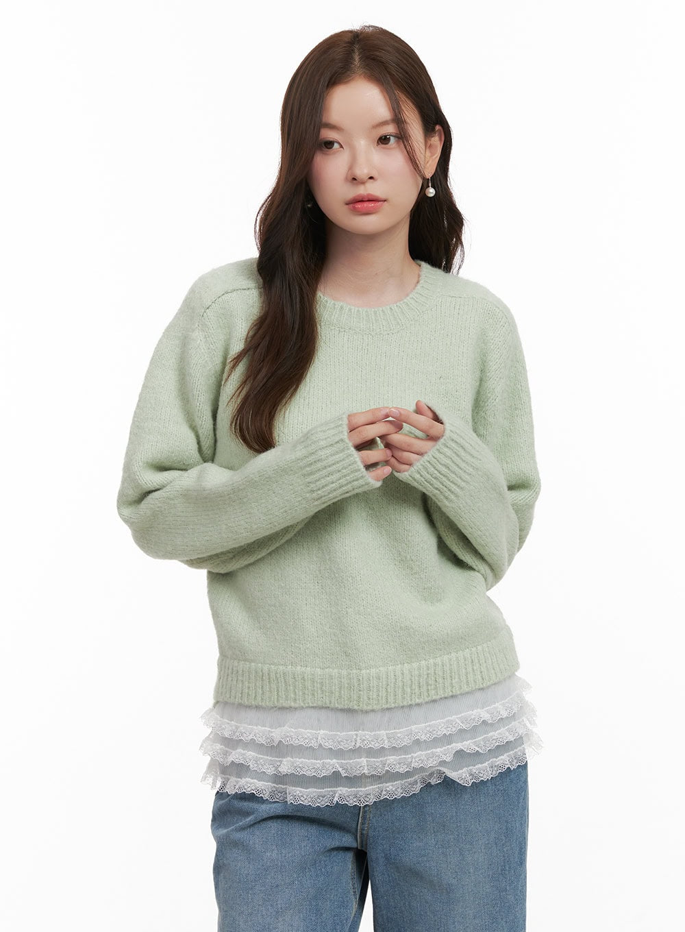 lace-trim-wool-blend-sweater-od403 / Mint