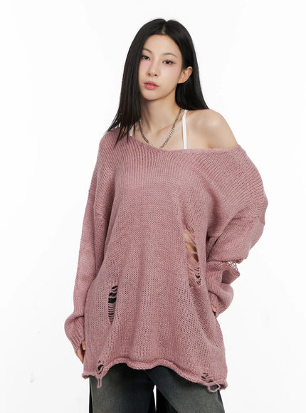 distressed-loose-knit-sweater-cg522 / Pink