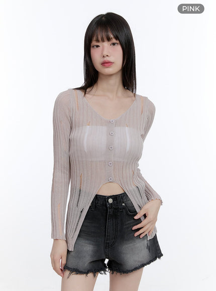 buttoned-v-neck-see-through-top-cg412 / Pink