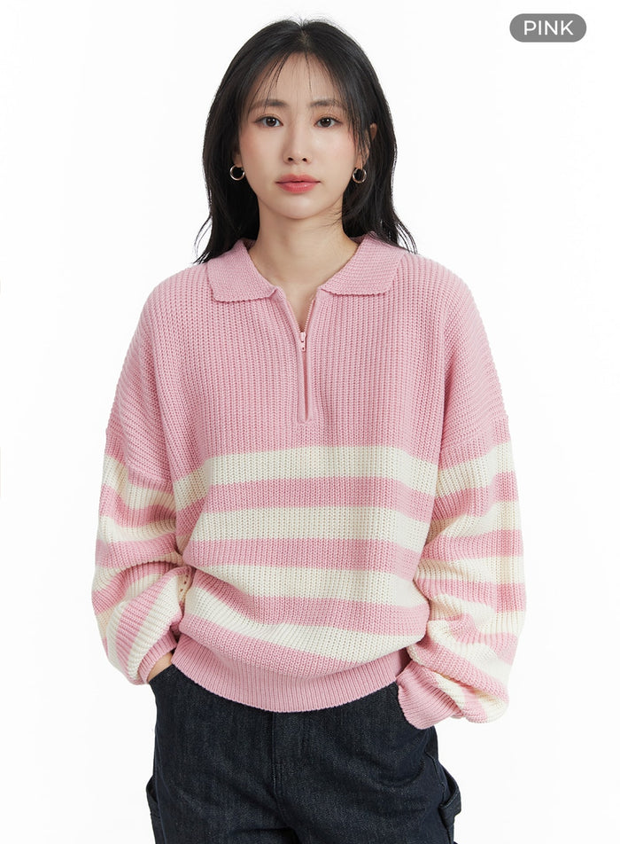 contrasting-collar-knit-sweater-om408 / Pink