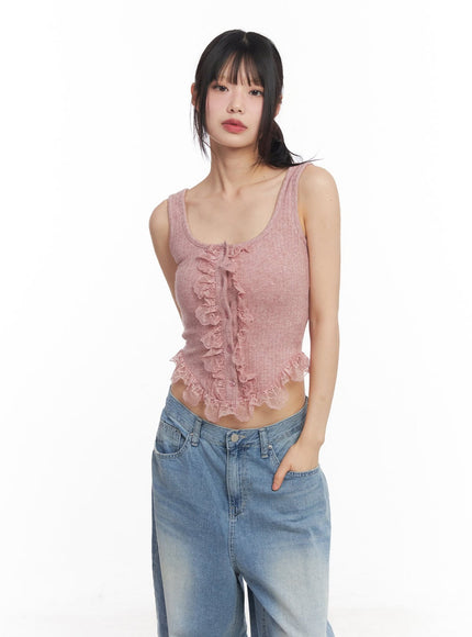 lace-buttoned-crop-tank-top-cy512 / Pink