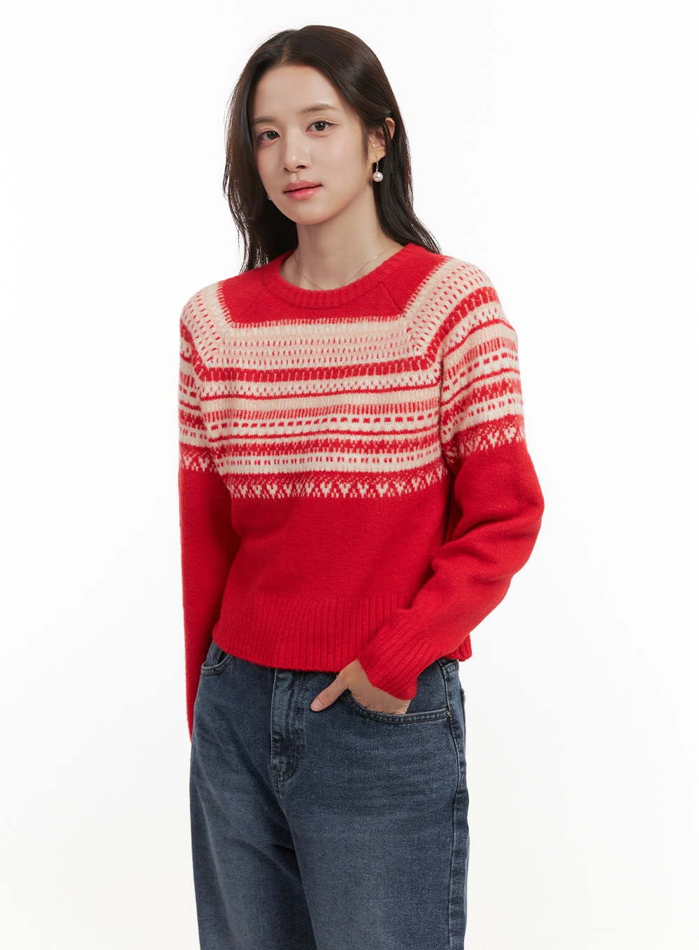 round-neck-nordic-print-sweater-on429 / Red