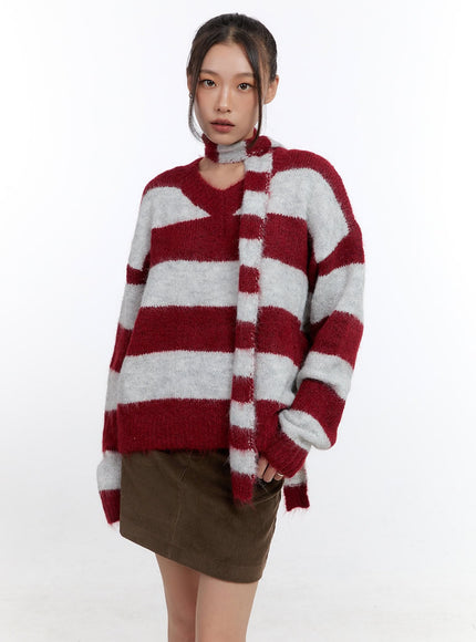 comfy-striped-v-neck-sweater-with-muffler-cn401 / Red