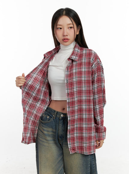 checkered-oversize-button-up-shirt-cn412 / Red