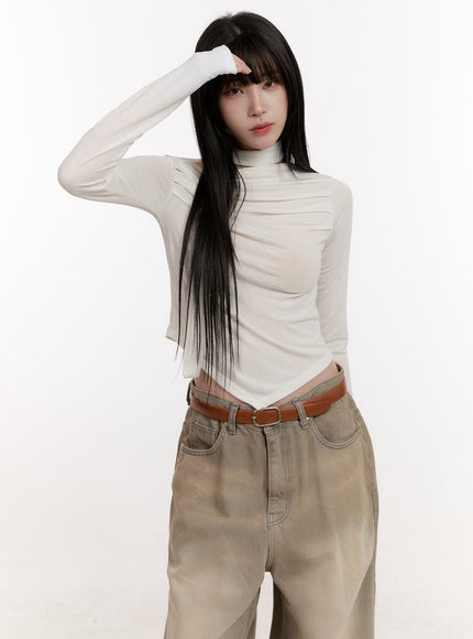 asymmetric-off-shoulder-shirred-crop-top-cj531 / White