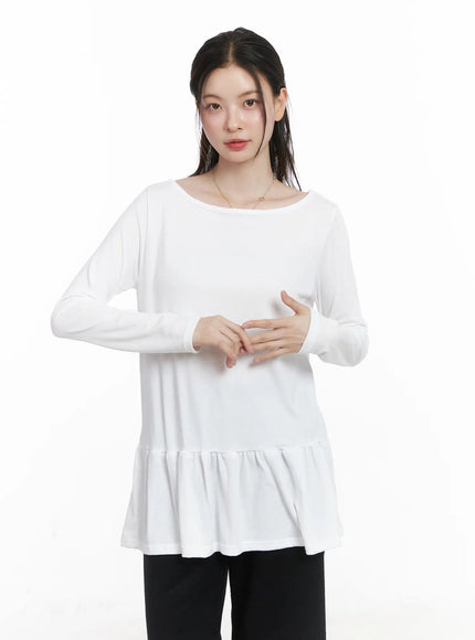 ruffle-hem-loose-long-sleeve-top-cj506 / White