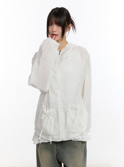 Ribbon Pocket Checkered Hooded Jacket CA508