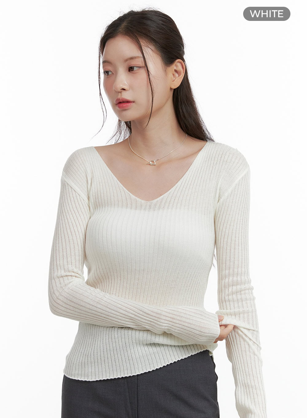 cashmere-v-neck-long-sleeve-ol416 / White