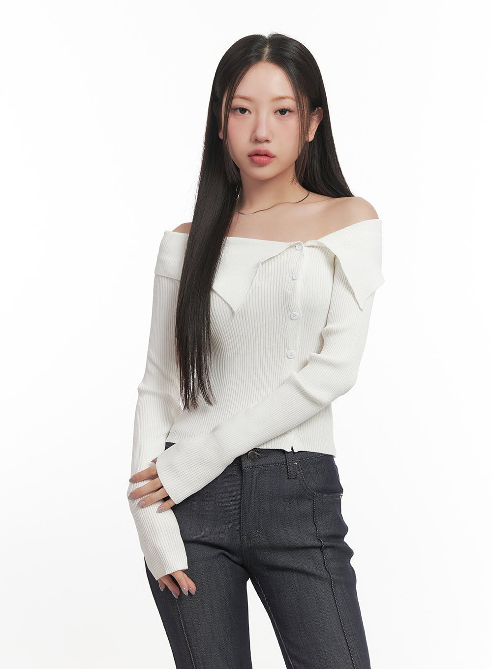 Off-Shoulder Asymmetric Long-Sleeve Knit Top CF525