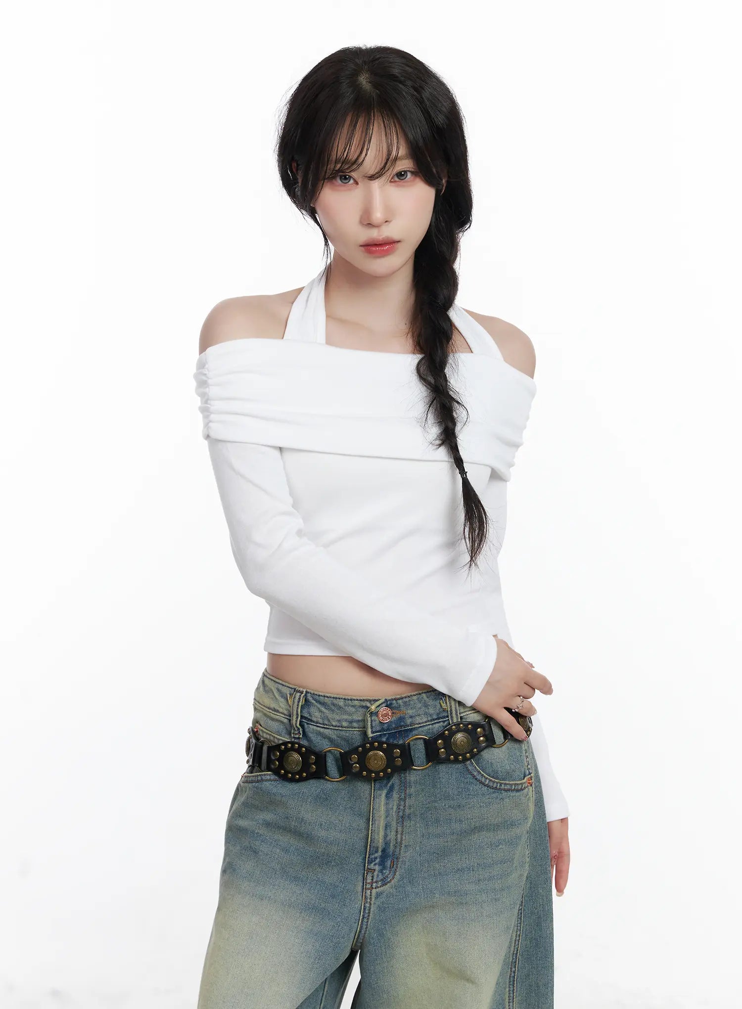 halter-shirred-off-shoulder-top-cj526 / White