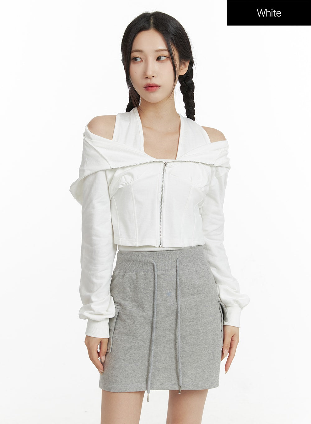 crop-zip-up-sweat-hoodie-cf415 / White