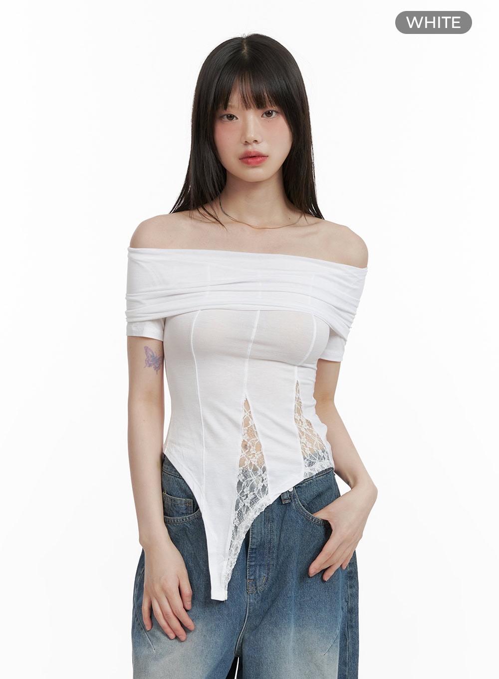 lace-patched-off-shoulder-top-cy428 / White