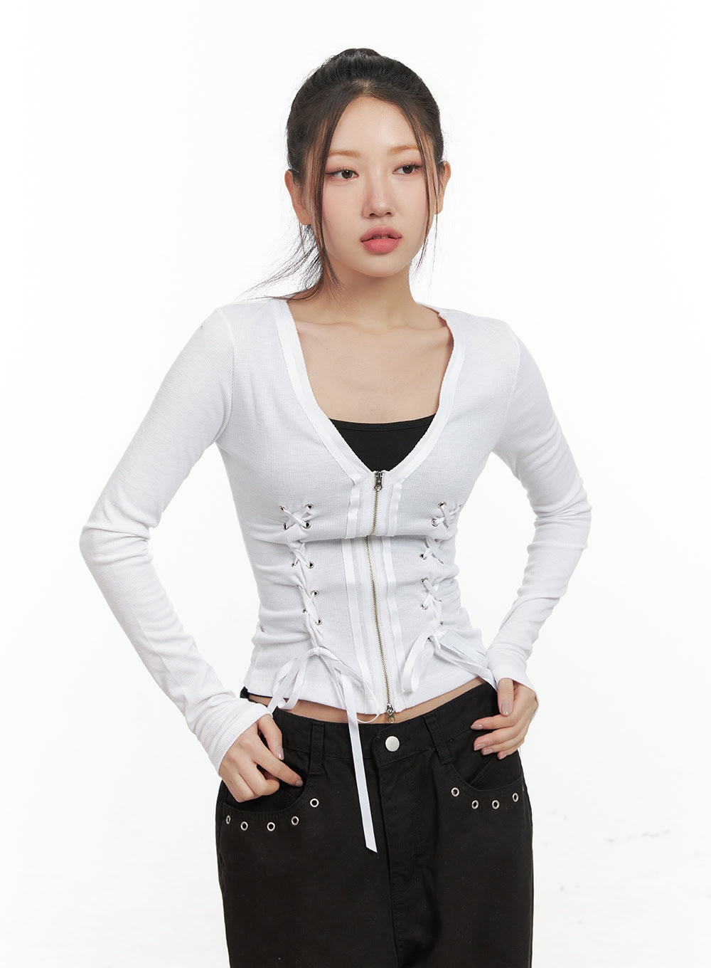 eyelet-lace-up-long-sleeve-cardigan-cd416 / White