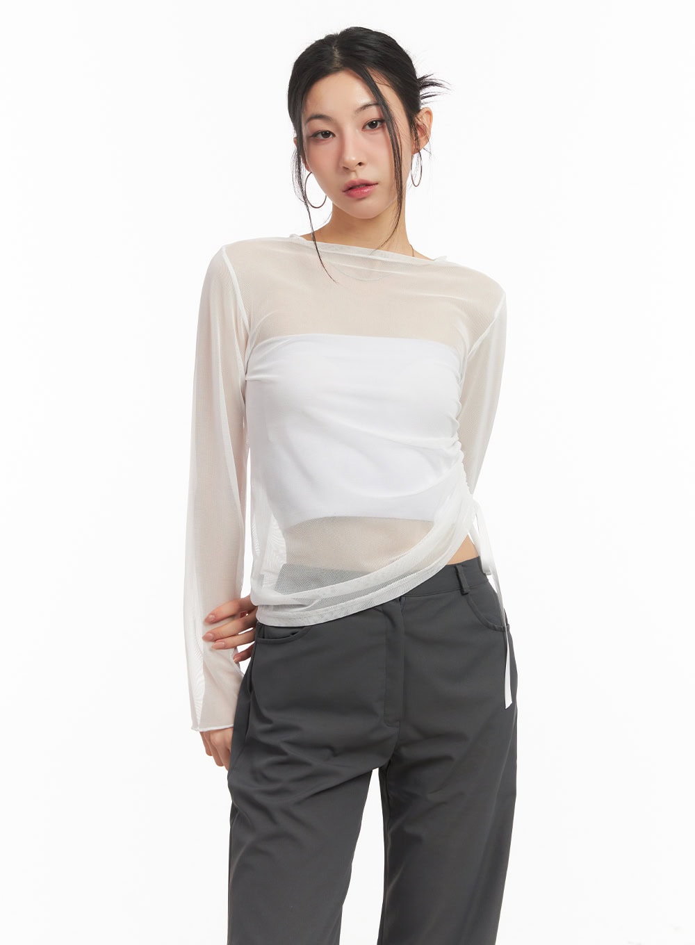 sheer-shirring-ribbon-long-sleeve-top-cm503 / White