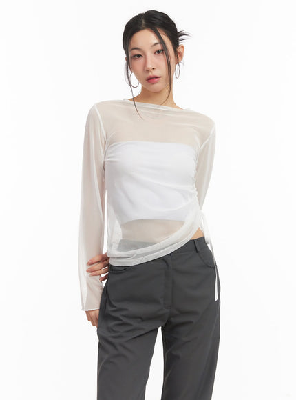 sheer-shirring-ribbon-long-sleeve-top-cm503 / White