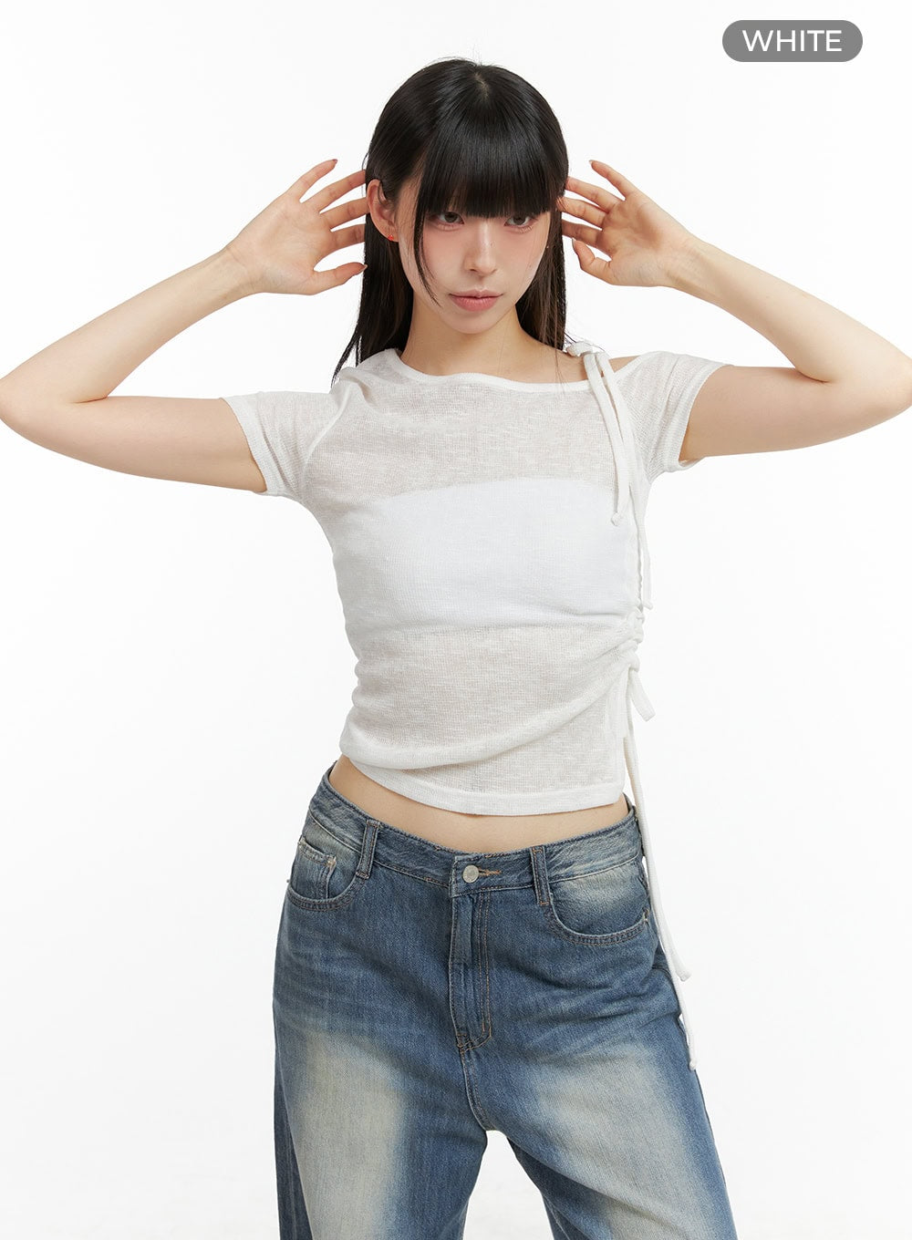 shirred-unbalanced-crop-top-cl422 / White