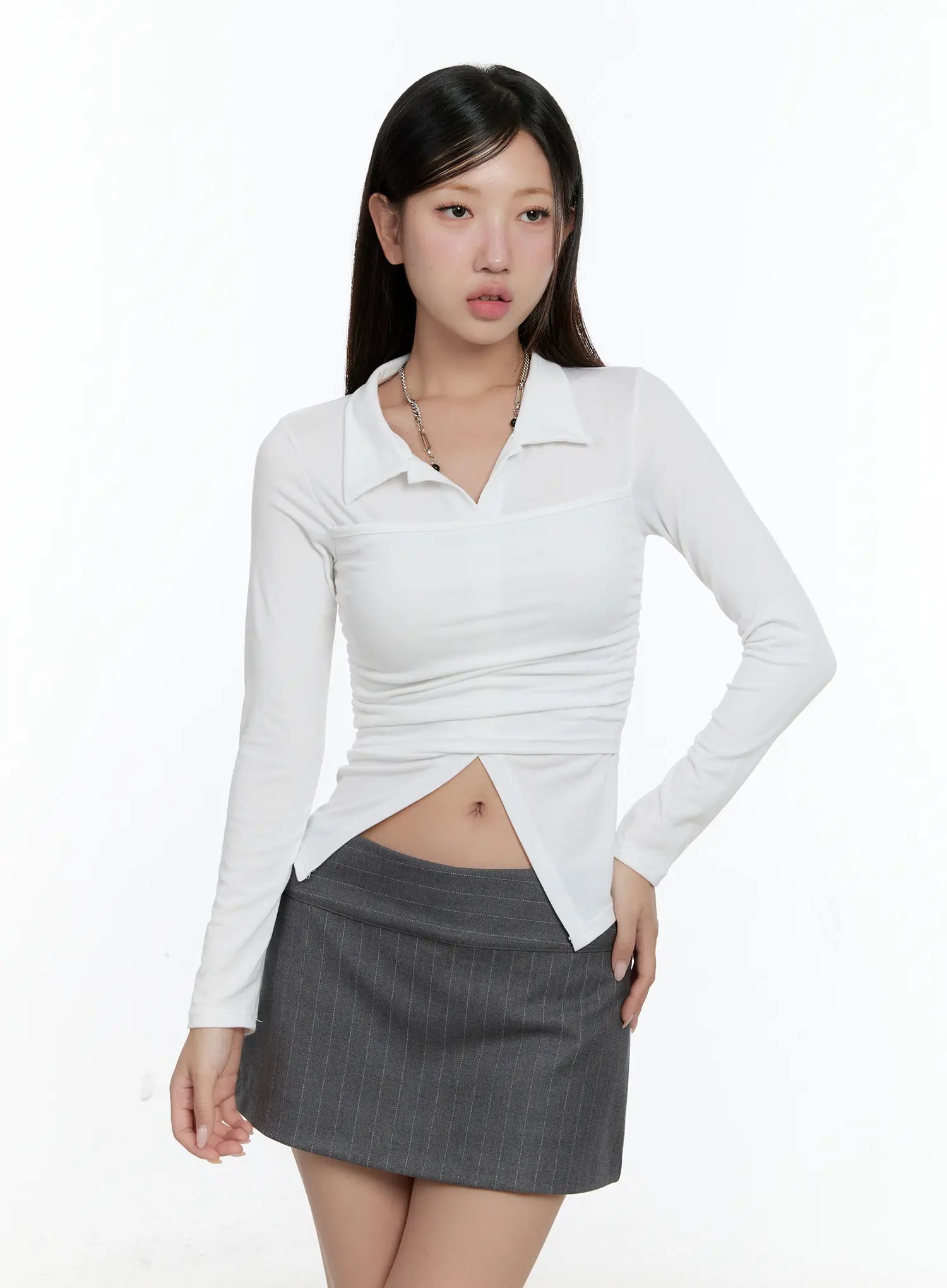 layered-collar-shirred-long-sleeve-top-cs518 / White