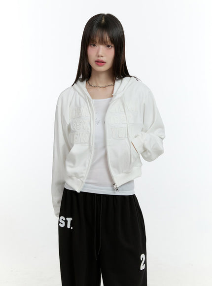 Embroidered Zip-Up Crop Hooded Jacket CF506