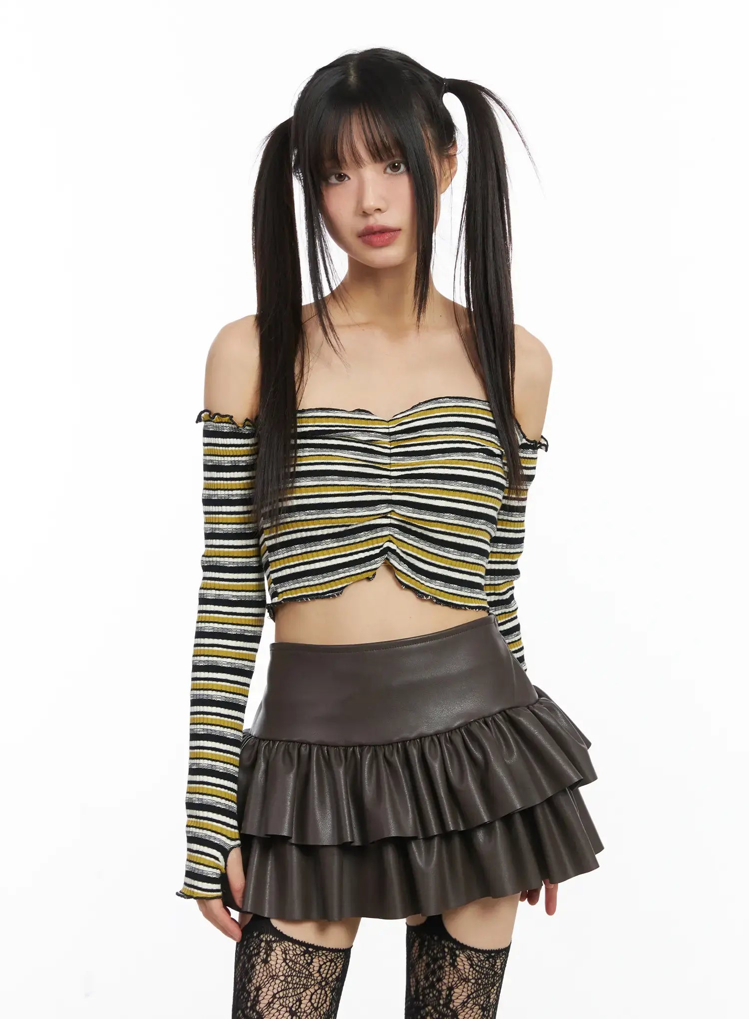 cropped-striped-off-shoulder-long-sleeve-top-cd522 / Yellow