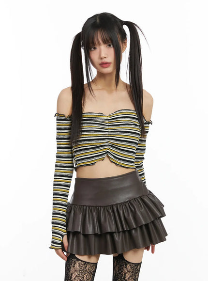 cropped-striped-off-shoulder-long-sleeve-top-cd522 / Yellow