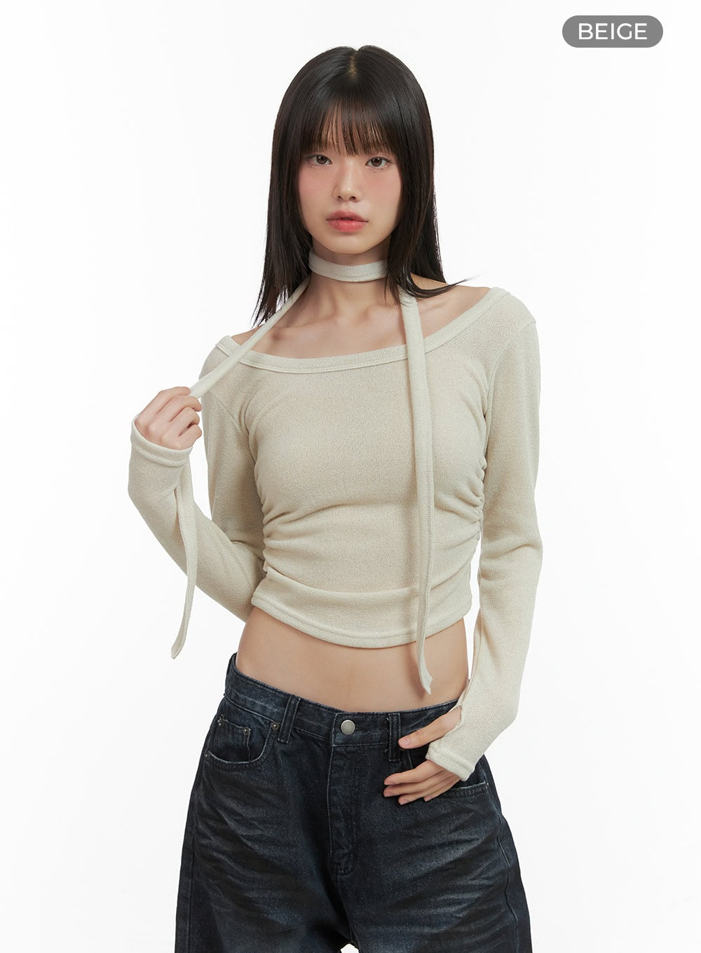 shirred-cropped-long-sleeve-top-with-choker-set-co410 / Beige