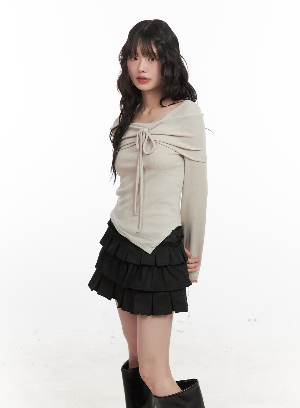 Ribbon Wrapped Asymmetric Long-Sleeve Top CJ523