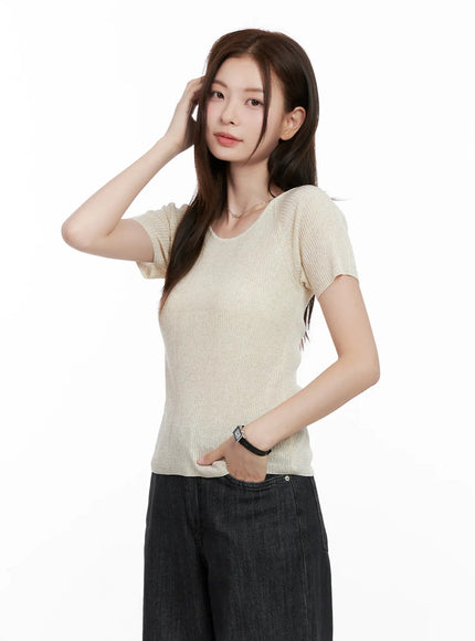 scoop-neck-short-sleeve-knit-top-cl523 / Beige